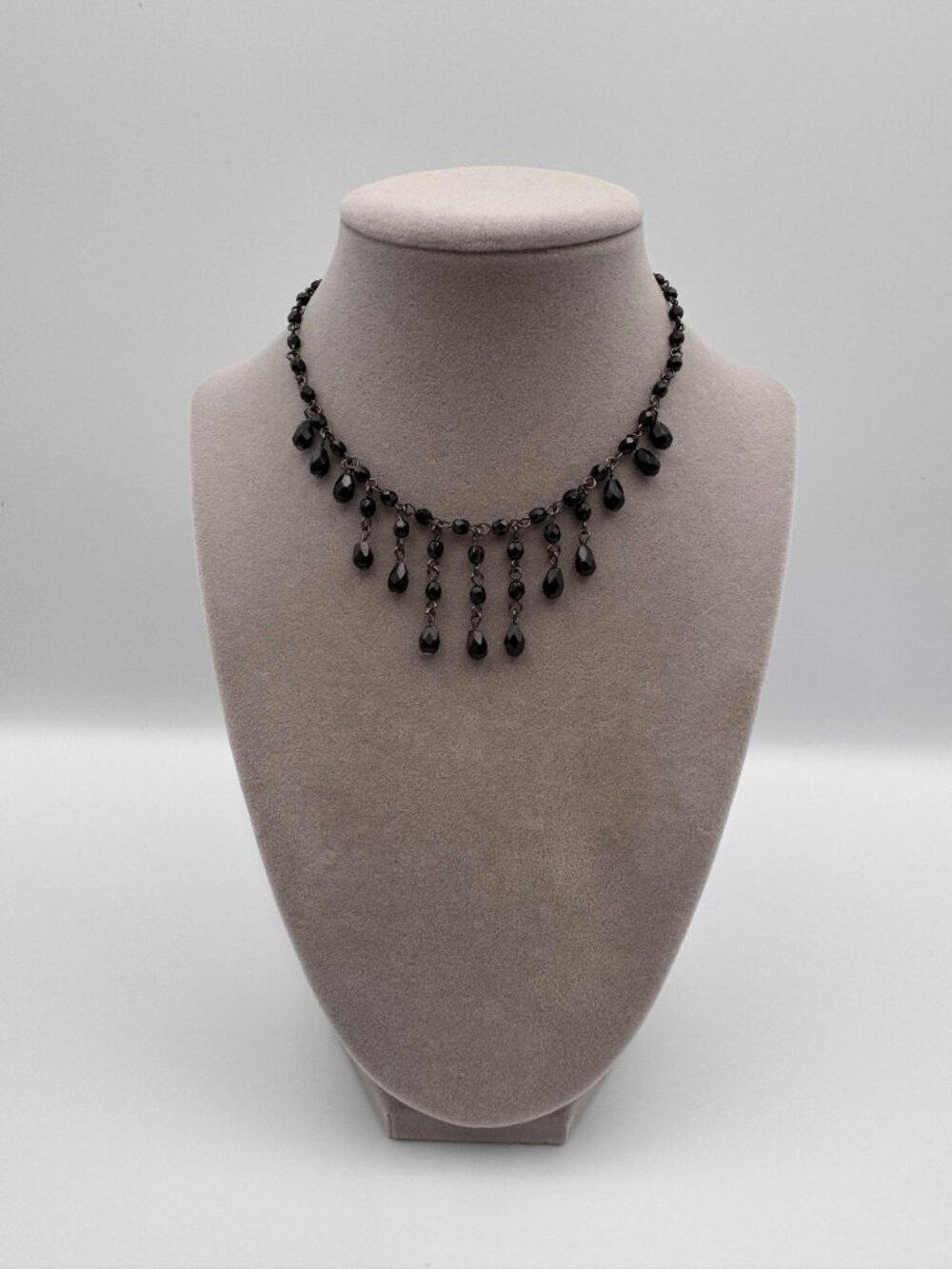 1928 Black Teardrop Fringe Choker Necklace Victorian Revival Gothic Vintage
